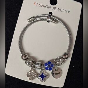 Stainless Steel  Blue Floral Clover Love Charm Bracelet